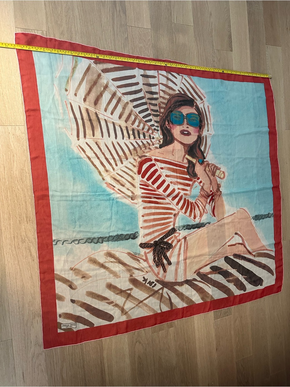 Graphic Beach Scarf with Red Border and Aqua Background